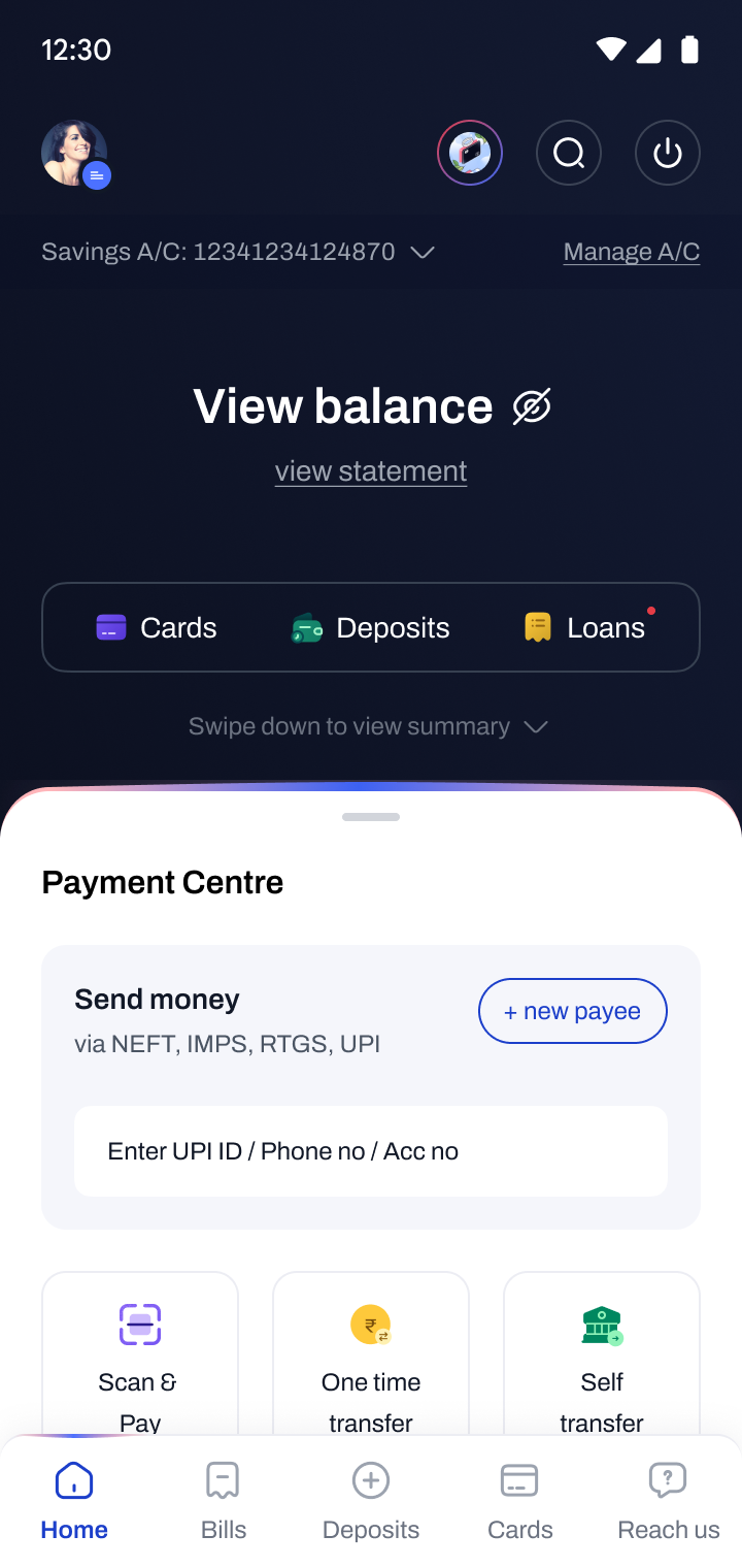 Dashboard screen showing Cards, Deposits and Loans tab bar